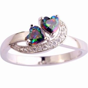 New S925 Sterling Silver Rainbow Topaz & White Topaz Two Hearts In Love Ring